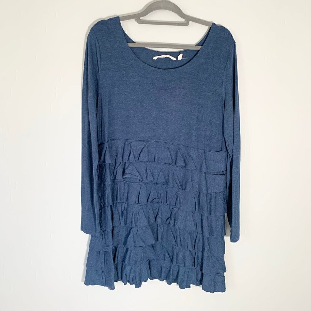 Soft Surroundings Blue Heathered Tiered Ruffle Tunic Top Long Sleeve Womens L